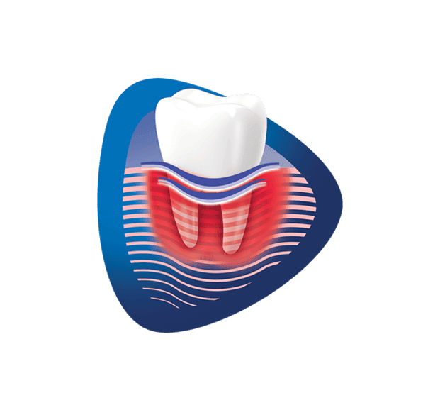 Tooth icon on a blue and red shape background