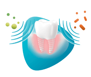 Meridol tooth icon on light blue triangular shapes background with germs on it